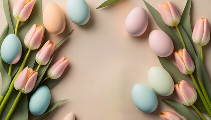 easter background - pastel tulips and easter eggs on light pink background - copy space