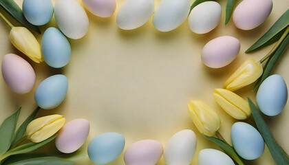 easter background - pastel tulips and easter eggs on light yellow background - copy space