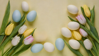 easter background - pastel tulips and easter eggs on light yellow background - copy space