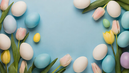 easter background - pastel tulips and easter eggs on light blue background - copy space