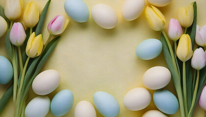 easter background - pastel tulips and easter eggs on light yellow background - copy space