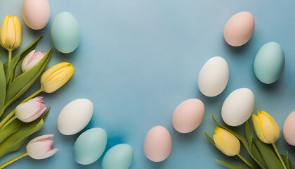 easter background - pastel tulips and easter eggs on light blue background - copy space