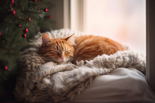 Generative AI image of a ginger cat sleeping peacefully
