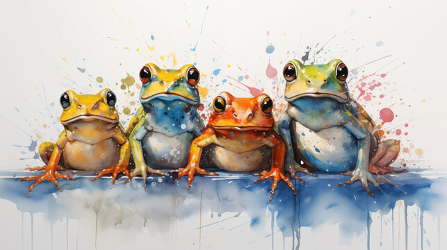 Colorful Frog Quartet Illustration. Generative AI