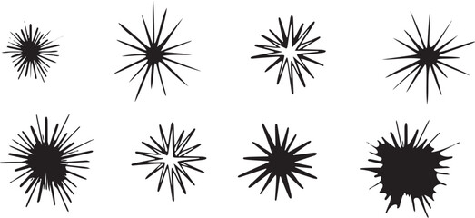 Clipart image in pop art style of blob, star, flash drawn by hand ink style minimalism. Set simple objects signs for design. Spiny sea urchin, cartoon explosion symbol. Abstract symbols for decoration - obrazy, fototapety, plakaty