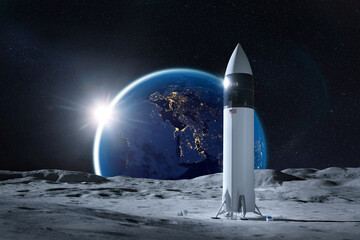 Starship spacecraft on Moon surface with night Earth. Artemis space mission. Elements of this image furnished by NASA. - obrazy, fototapety, plakaty