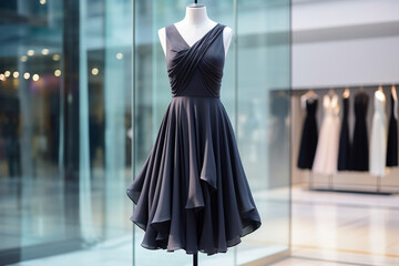 Elegant women's black midi dress on a mannequin in a window display in a shopping center. Little black dress