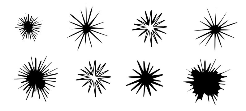 Clipart image in pop art style of blob, star, flash drawn by hand ink style minimalism. Set simple objects signs for design. Spiny sea urchin, cartoon explosion symbol. Abstract symbols for decoration