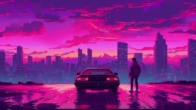 Man standing in front of the cyberpunk city building with his car,  synthwave-style background with neon lights, big city rainy night, planets space background 4K