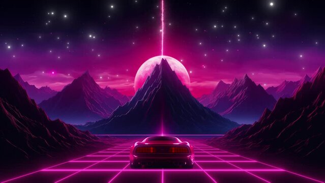 Futuristic cyberpunk  car on the road to the mountain, synthwave-style background with neon lights, big city rainy night, planets space background 4K