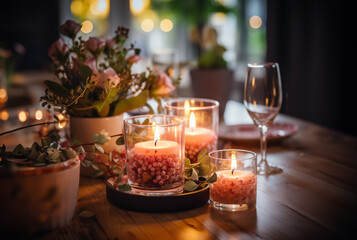 burning candles on a wooden table. magical scandinavian atmosphere with candles on a dark table. hygge background with candles and flowers.