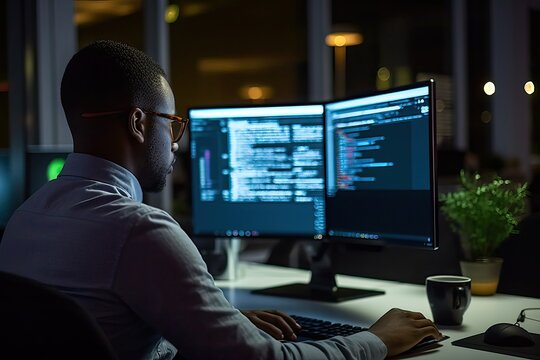Busy smart business man software developer engineer programmer working late on pc computer, dark night office. Coder working with ai software development solutions. Back view, focus on screen.