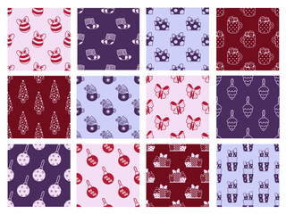 set of seamless patterns New Year. Bow, Christmas balls, gift, cup, trees