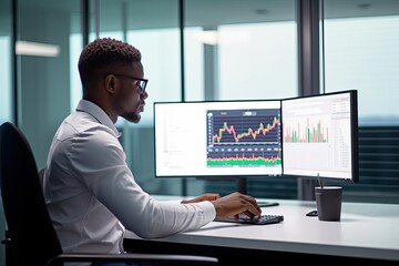 Busy business man trader, broker analyst investor using pc computer analyzing stock exchange trade crypto market digital data investing finances in stockmarket working in office. Copy space.