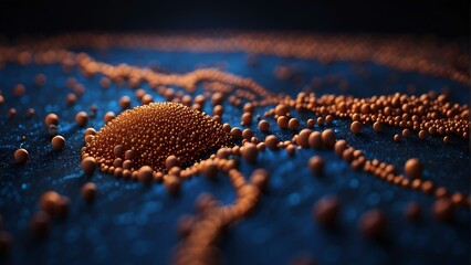 Abstract spheres on blue and orange that look like microscopic morphology - obrazy, fototapety, plakaty