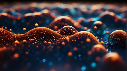 Abstract waves of spheres in orange and blue tones background - obrazy, fototapety, plakaty