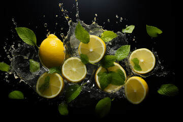 Refreshing Lemon Slices and Mint Leaves with Water Splash, Generative AI