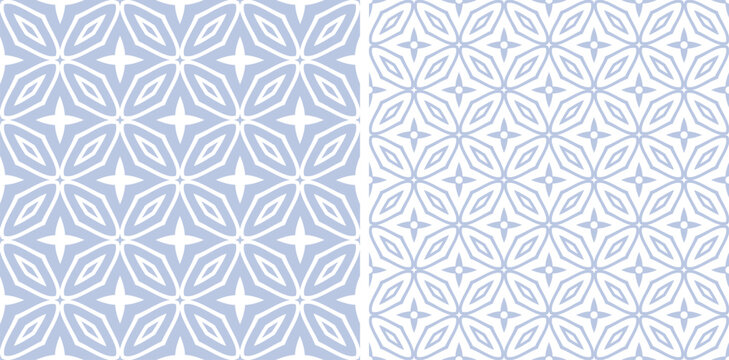 Set of Abstract Seamless Geometric Light Blue and White Patterns.
