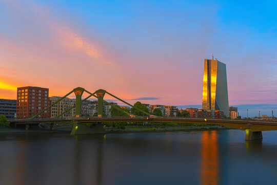 European Central Bank office building in Frankfurt am Main at sunset