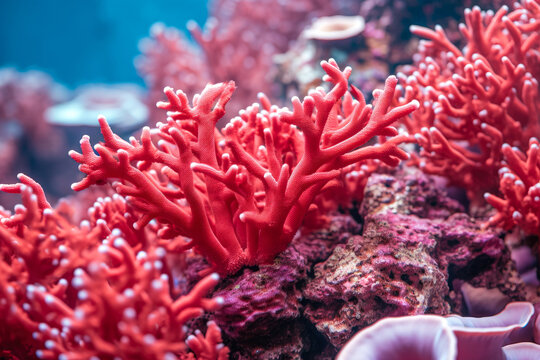 Red coral in the sea. Underwater photo of beautiful coral.