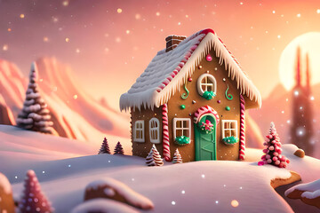 Obraz premium Beautiful gingerbread house decorated with icing on snow, closeup. Space for text