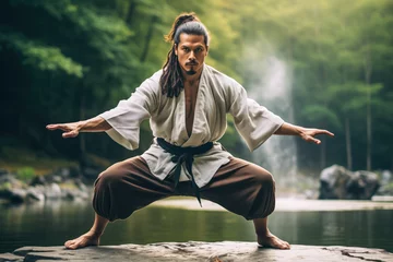 Zelfklevend Fotobehang Athletic man performing kiba-dachi horse stance, outdoors with waterfall, martial arts pose, exercise strength training workout © Sunshower Shots