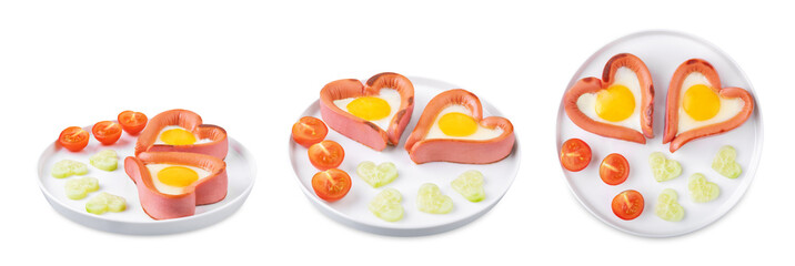 Fresh breakfast with fried sausage with fried egg in the form of heart for Valentine's day holiday on a white isolated background