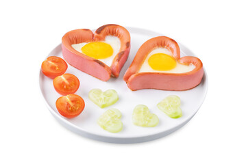 Fresh breakfast with fried sausage with fried egg in the form of heart for Valentine's day holiday on a white isolated background