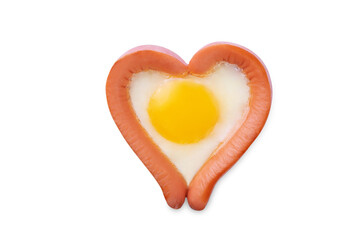 Fresh breakfast with fried sausage with fried egg in the form of heart for Valentine's day holiday on a white isolated background