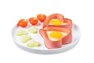 Fresh breakfast with fried sausage with fried egg in the form of heart for Valentine's day holiday on a white isolated background