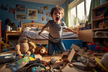 Undisciplined boy making a mess in his bedroom. - obrazy, fototapety, plakaty