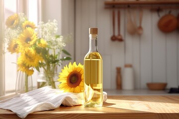 bottle of sunflower oil in the white light kitchen with wooden facades and appliances, realistic