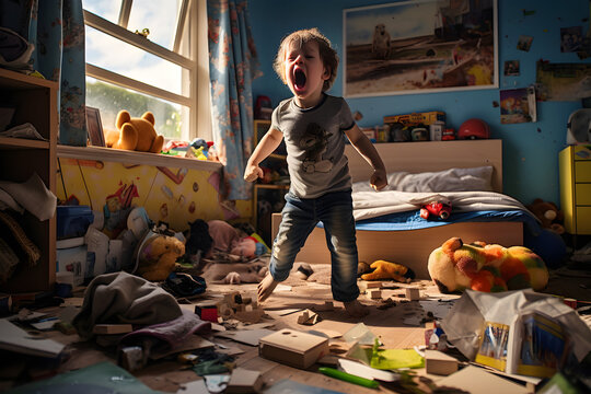 Angry boy making a mess in his bedroom.