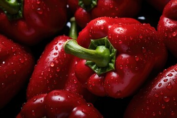 Fresh red pepper seamless background, adorned with glistening droplets of water. Top down view. 