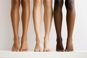 Young diverse women showing legs smooth skin on beige background. Multicultural girls beauty models advertising body care lotion, laser epilation, depilation, waxing, pedicure.