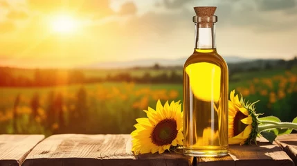 Tuinposter transparent bottle of oil stands on a wooden table on of a field of sunflowers at background, sunny day, backlight, copy space, realistic © Ekaterina