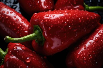 Fresh red Serrano Pepper seamless background, adorned with glistening droplets of water. Top down view. 