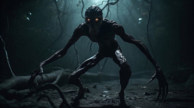 Fictional mythical evil philippine creature Aswang with long arms and glowing eyes