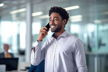 Happy business man talking on mobile cell phone device looking away standing at work. Smiling professional businessman making call on smartphone working with cellphone in office.
