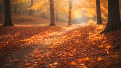 Naklejka na ściany i meble Autumn's Aura - Sunlight Filtering Through Colorful Fall Foliage with Delicate Flare.