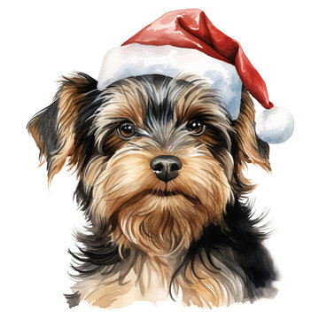 Yorkshire Terrier Dog Wearing a Santa Hat. AI generated image