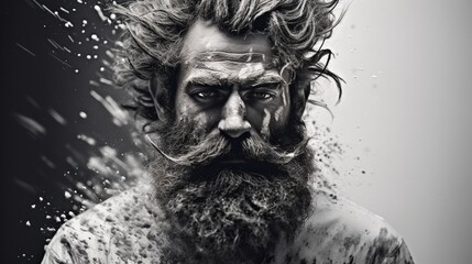 A bearded individual's likeness, where the precision of a photograph evolves into the wild freedom of black and white paint splashes, symbolizing the complexity of human essence. - obrazy, fototapety, plakaty