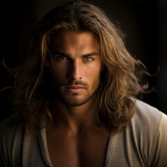 tan man, muscular, shoulder length hair, amber eyes, sharp handsome features, evil, dark