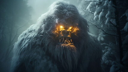 Fictional mythical evil angry yeti creature with glowing eyes in the forest - obrazy, fototapety, plakaty