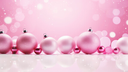 Pink Christmas background with festive Christmas balls. Holiday pink banner with copy space.