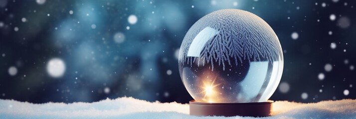 Fototapeta na wymiar Empty shiny Snow Globe, Christmas magic ball, on blue snowy background with copy space.