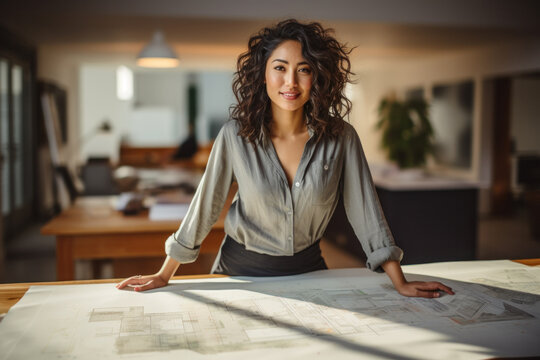 Professional Female Architect Reviewing Blueprints in Sunlit Office
