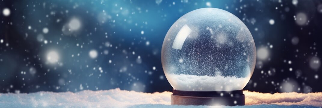 Empty shiny Snow Globe, Christmas magic ball, on blue snowy background with copy space.