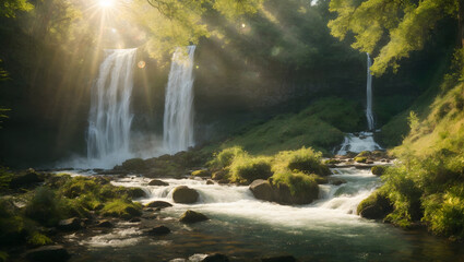 Majestic Waterfall - Cascading Waters Reflecting Sunlight with Radiant Flare Amidst Verdant Surroundings.