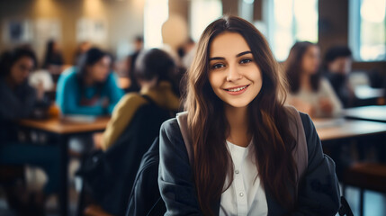Obraz premium A beautiful young female student with sitting in a high school classroom, wearing a backpack and smiling. Listening to a university professor teaching a lesson for education of teenagers